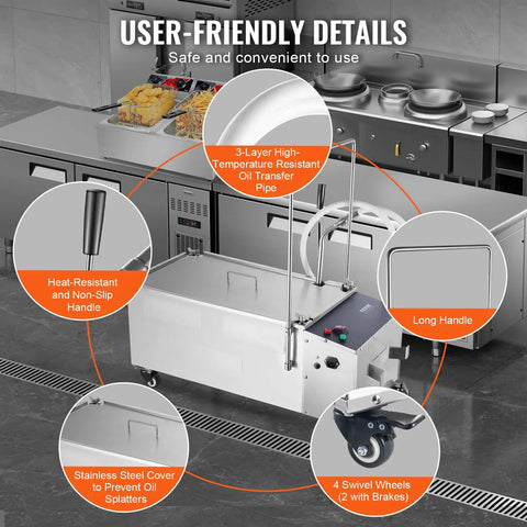 Heavy Duty Mobile Fryer Oil Filter Machine Featuring High Performance Pump Assembly Crafted For Commercial Kitchens And Street Carts Crushing Grease Like A Champ On The Daily with stainless steel cover and heat-resistant handle.