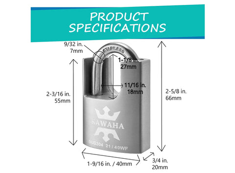 Built Tough Heavy Duty Stainless Shrouded Padlock With Keys, 2 Pack, 1-9/16 Inch 40mm, SUS304 Weatherproof Lock specifications image