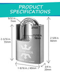 High Security Stainless Steel Shrouded Padlock 1 9/16 Inch Keyed Alike 4 Pack For Indoor Outdoor Use Built Tough All Weather Anti Rust SUS304 Heavy Duty Lock With Waterproof Shackle Cover showing product dimensions.