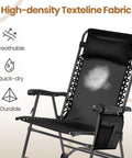 26 Inch Zero Gravity Outdoor Rocking Chairs Set Of 2 Foldable Loungers With Phone Holder And Pillow Ergonomic Arc Back Support Black