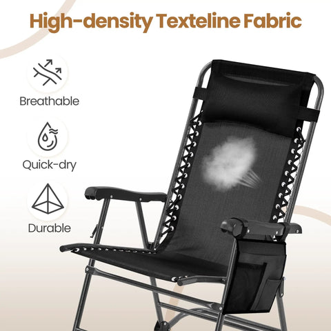 26 Inch Zero Gravity Outdoor Rocking Chairs Set Of 2 Foldable Loungers With Phone Holder And Pillow Ergonomic Arc Back Support Black