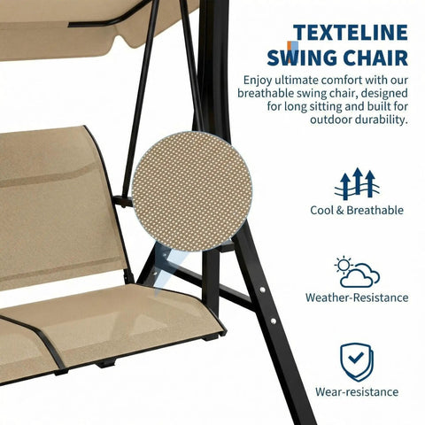 Textilene details of Three Seat Outdoor Patio Swing Chair With Adjustable Canopy And Armrests Breathable Textilene Seat