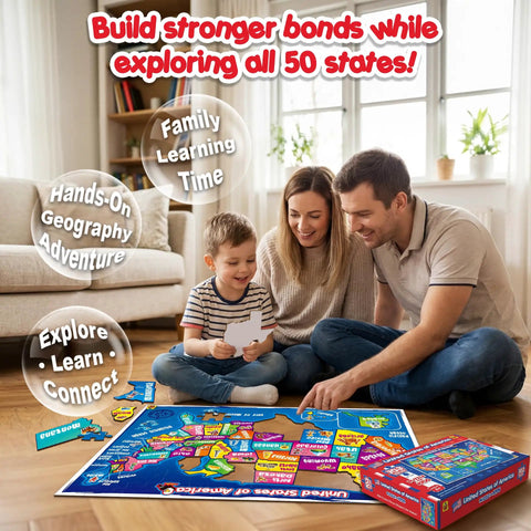 Family playing with Map Puzzle For Kids Ages 4 To 8 With 50 State Shaped Pieces 103 Piece USA Map Floor Puzzle Large 18x24 Toy