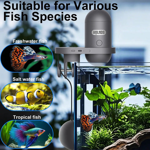 Slick WiFi Automatic Fish Feeder With 2.5K HD Camera Smart App Control and Vacation Timer mounted on aquarium glass.