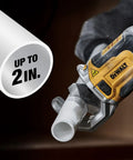 Impact Connect PVC And PEX Cutter with Quick Change Brace Bracket cutting 2-inch PVC pipe, compatible with DEWALT 20V MAX.