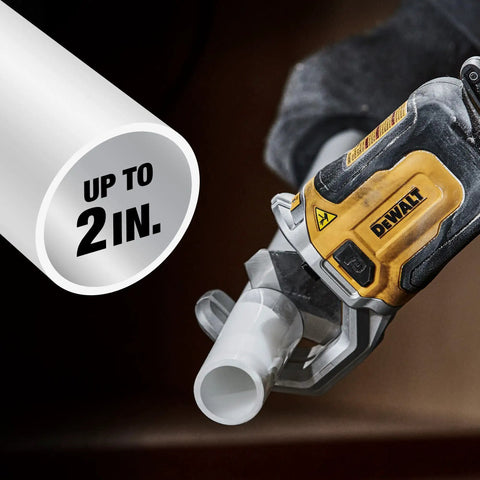 Impact Connect PVC And PEX Cutter with Quick Change Brace Bracket cutting 2-inch PVC pipe, compatible with DEWALT 20V MAX.