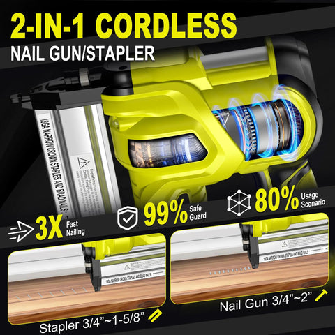 2-in-1 cordless nail gun/stapler with highlighted mechanism for smooth operation, featuring Rock Solid Heavy Duty 21V Cordless Brad Nailer With Two 2.0Ah Batteries And 1000 Fasteners, Smooth Shooting 18 Gauge Stapler And Nailer For Woodworking And Home Improvement, No Sweat Setup For Tough Diy Jobs.