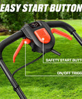 Cordless 20V 13 Inch Lawn Mower With 2 In 1 Mulching And Bagging Five Height Settings From 1 To Two And A Half Inches Powerful 3500 RPM Motor For Quick Yard Work Lightweight Electric Push Mower For Small To Medium Yards safety start button and on/off trigger