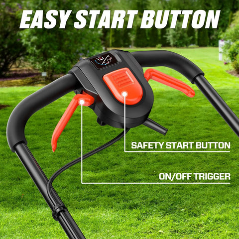 Cordless 20V 13 Inch Lawn Mower With 2 In 1 Mulching And Bagging Five Height Settings From 1 To Two And A Half Inches Powerful 3500 RPM Motor For Quick Yard Work Lightweight Electric Push Mower For Small To Medium Yards safety start button and on/off trigger