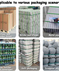 DFEDHF Battery Powered Electric Strapping Machine For Pallet Packaging securing various items like cartons, bricks, and bottles.