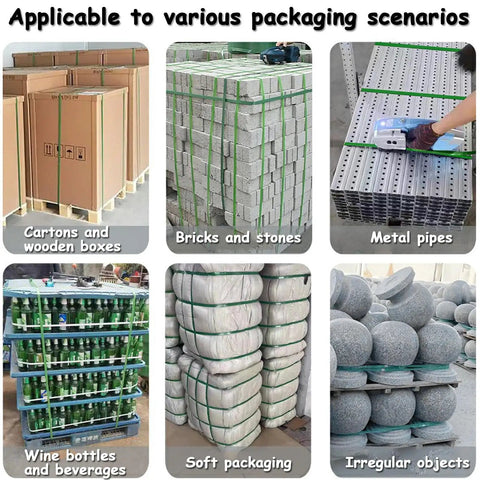 DFEDHF Battery Powered Electric Strapping Machine For Pallet Packaging securing various items like cartons, bricks, and bottles.