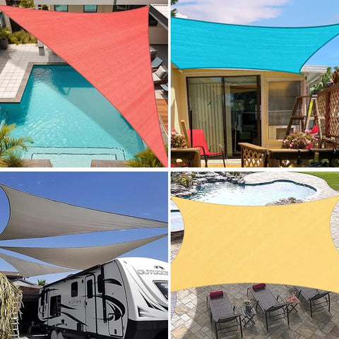 Triangle Sun Shade Sail 12x12x12 Outdoor Canopy UV Block 95 Percent HDPE Fabric For Backyard Patio Porch Garden Deck Chill Sun Shelter Sand Color Durable Weather Resistant Easy Install For Outdoor Living shown installed over patios and pools.