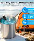Beefed Up 3500W Immersion Water Heater Dishes Out Insta Hot Water For Bathtub Stock Tank Or Pond Hookups With Zero Fuss Plug And Play Auto Temp Lock System in outdoor setting with bucket and camping gear.