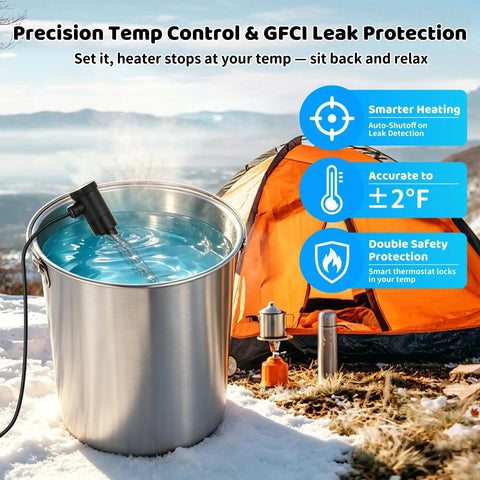 Beefed Up 3500W Immersion Water Heater Dishes Out Insta Hot Water For Bathtub Stock Tank Or Pond Hookups With Zero Fuss Plug And Play Auto Temp Lock System in outdoor setting with bucket and camping gear.