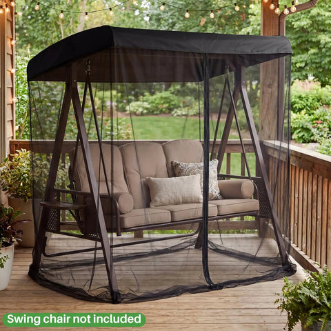 Mosquito Net Cover For 3 Seater Patio Swing With Waterproof Top, Zipper Door, And Fixing Straps, Black Bug Mesh Screen Fits Outdoor Canopy Swing Chair 80.7 By 49.2 By 80.7 Inches For Chill Outdoor Hangouts