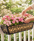 Two Pack 24 Inch Deck Railing Planter Box With Adjustable Brackets And Coco Liners Weatherproof Metal Construction with flowers
