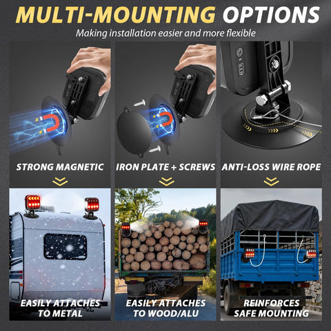 Two-pack wireless trailer taillights with magnetic mount; 180° adjustable, waterproof LED tail light kit for trailers.