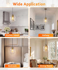 3 Pack Gold Pendant Lights For Kitchen Island Featuring 8.7 Inch Hand Blown Clear Art Glass Globes in modern kitchen and dining room settings.