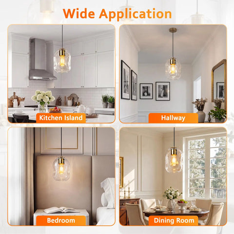 3 Pack Gold Pendant Lights For Kitchen Island Featuring 8.7 Inch Hand Blown Clear Art Glass Globes in modern kitchen and dining room settings.