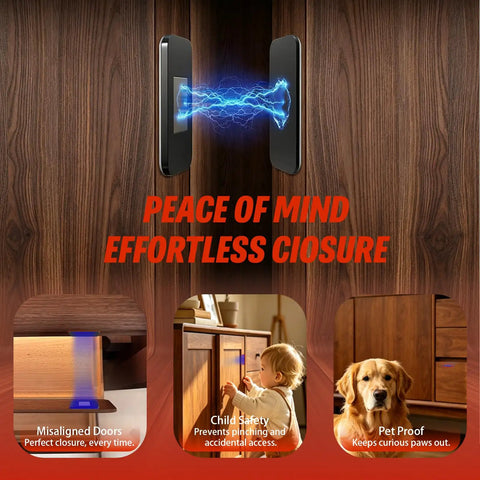 Image showing No Drill Adhesive Magnetic Cabinet Catch 4 Pack Stainless Steel Door Latch with illustrations of closure benefits.