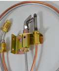Front view: water heater pilot assembly with brass fittings, copper tubing, mounting bracket; includes thermocouple.