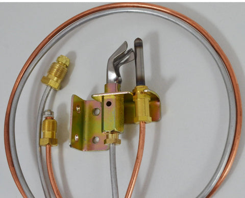 Front view: water heater pilot assembly with brass fittings, copper tubing, mounting bracket; includes thermocouple.