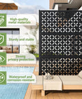 Outdoor Metal Privacy Fence Panels 72 Inches Tall By 46 Inches Wide Freestanding Privacy Screen With Dope X Shaped Modern Geometric Design For Balcony Deck Patio Garden And Indoor Use near pool with text highlights.
