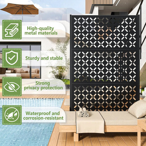 Outdoor Metal Privacy Fence Panels 72 Inches Tall By 46 Inches Wide Freestanding Privacy Screen With Dope X Shaped Modern Geometric Design For Balcony Deck Patio Garden And Indoor Use near pool with text highlights.