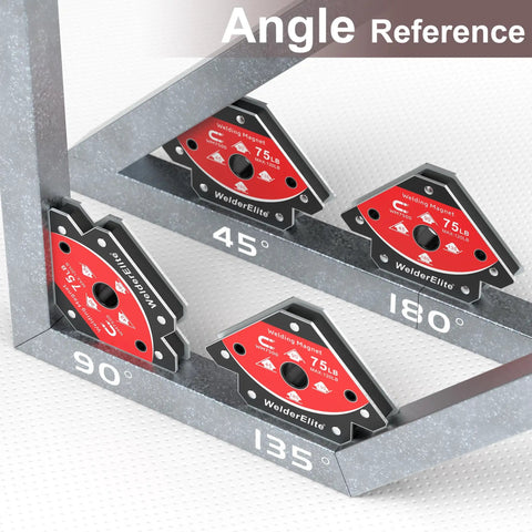 Heavy Duty Welding Magnet Set 4 Pack With 2 25Lb And 2 50Lb Magnets Arrow Holders Locking At 45 90 And 135 Degrees For Precise T Joint Alignment Corners And Frames Galvanized Steel shown in use for angle reference with four magnets positioned at various angles on a metallic surface.