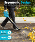 Person using a Cordless Leaf Blower With 2 X 2.0Ah Batteries, 350 CFM At 150 MPH, Fast Charger, Dual Tube Design, 20V Lawn Care Tool For Patio And Garden Cleanup, Blue on a sidewalk to clear leaves.