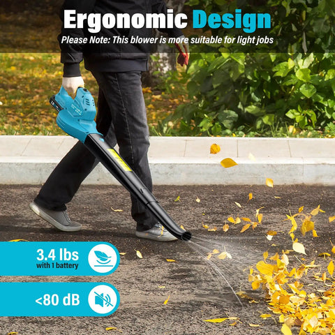 Person using a Cordless Leaf Blower With 2 X 2.0Ah Batteries, 350 CFM At 150 MPH, Fast Charger, Dual Tube Design, 20V Lawn Care Tool For Patio And Garden Cleanup, Blue on a sidewalk to clear leaves.