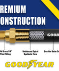 6 Foot Rubber Whip Hose 3/8 Inch With Brass 1/4 NPT End Fittings Built Tough 250 PSI Max Weather Oil Solvent Resistant Outer Coating Spiral Reinforced Made In USA Black showing premium construction details, including brass fitting, synthetic yarn, and outer cover.