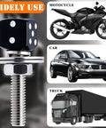 4 Piece Slick Black Dice License Plate Bolt Kit With Shiny Aluminum Covers And Rust Proof Steel Fasteners For Your Whip Upgrade Drop Right In Setup Universal Fit displayed on motorcycle, car, and truck.