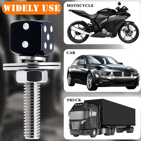 4 Piece Slick Black Dice License Plate Bolt Kit With Shiny Aluminum Covers And Rust Proof Steel Fasteners For Your Whip Upgrade Drop Right In Setup Universal Fit displayed on motorcycle, car, and truck.