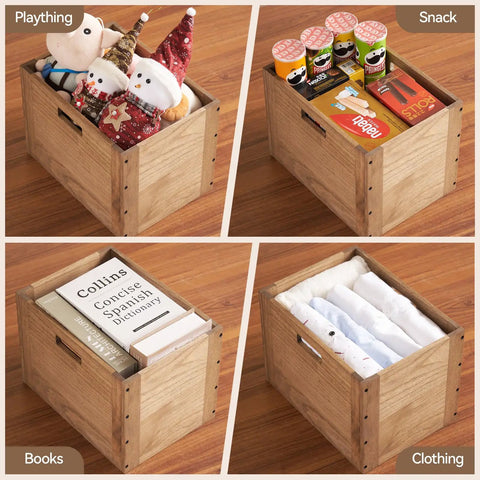 Stackable Wood Storage Cubes For Home And Office Organization Open Cubby Shelves For Books Clothes Toys Bins And Baskets Modular Shelving System Space Saving Multi Purpose Storage For Closet Living Room Dorm And Garage holding toys, snacks, books, and clothing.