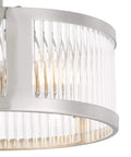 Close-up of Two Light Brushed Nickel Semi Flush Ceiling Light With Clear Ribbed Glass Mid Century Vintage Round Fixture 11.8 Inch Diameter