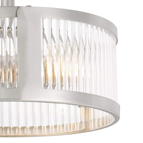 Close-up of Two Light Brushed Nickel Semi Flush Ceiling Light With Clear Ribbed Glass Mid Century Vintage Round Fixture 11.8 Inch Diameter