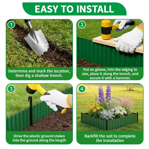 Four-step installation of Flexible 6 Inch Corrugated Landscape Edging Kit, 29.5 Feet Long With 16 Stakes; trenching, hammering, staking, finishing.