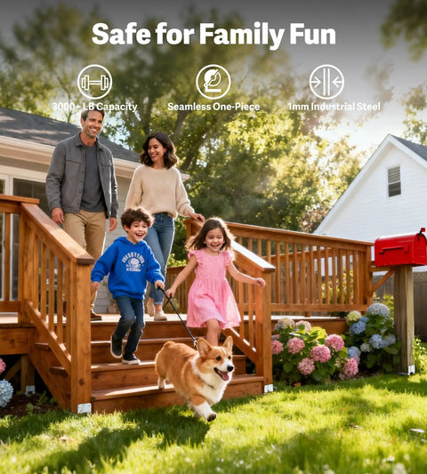 Family enjoying a backyard deck with 4x4 Galvanized Post Base Anchor For Wood To Concrete, adjustable post mount for decks.