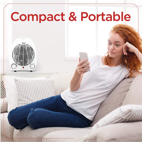 Woman relaxing on couch with Compact Personal Desk Heater visible. Cozy Personal Desk Heater For Office And Home Compact Space Heater With Three Modes.