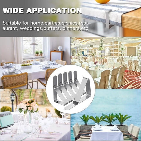 12 Pack Tablecloth Clips Stainless Steel Heavy Duty Clamps For Tables Fits Up To 1.7 Inch Thick Tables Value Pack displayed in various table settings