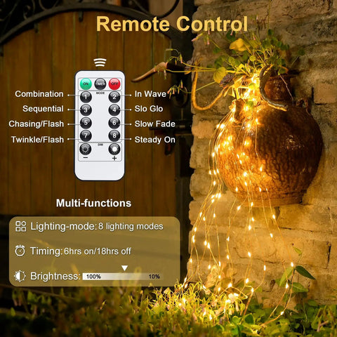 Two Pack Battery Operated Fairy Lights With Remote, 400 LEDs Spanning 132 Feet Of Warm White Twinkle Copper Wire, Indoor Outdoor Decor For Bedroom Dorm Tree Classroom And Hallways, Easy To Use And Bring A Dope Cozy Glow with remote, hanging on a wall garden pot