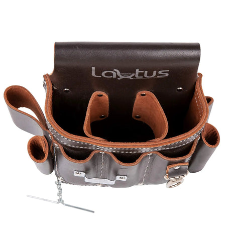 Top view of Full Grain Leather Electrician Tool Pouch Bag For Contractors With Ten Pockets 100 Percent Leather