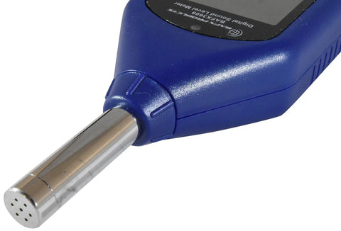 Close-up of Pro Grade Decibel Meter With 30 To 130 dBA Sound Level Range, SPL Reader And Data Logger For Windows, showing sensor.