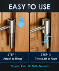 Beefed-Up Heavy Duty Door Hinge Adjustment Tool For Standard Bolts 0.315-0.75in showing step-by-step usage on door hinge