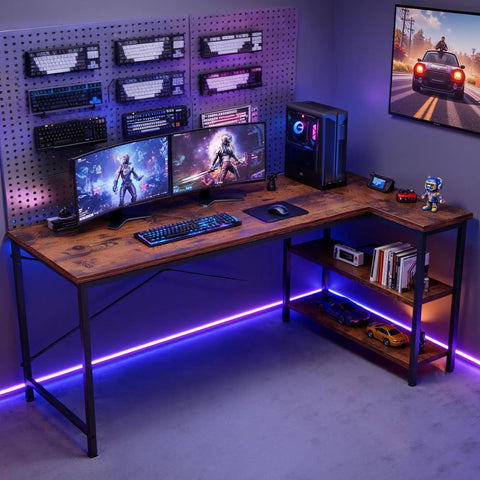 L Shaped Desk 47 Inch Computer Desk for Home Office and Gaming, Corner Desk With Reversible Storage Shelves for Left or Right Setup