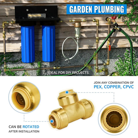 Six Pack Tee Plumbing Pipe Connector Set Three Quarter Inch Push Fit PEX Tee No Lead Brass Tee Fittings in garden plumbing setup