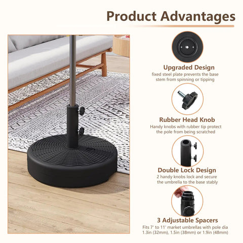 Product advantages of Beefy 70 Lb Weight Heavy Duty Water Fillable Umbrella Base Stand for patio and market tables in living room.