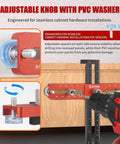 Effortlessly align cabinet hardware with a precision adjustable jig, shown drilling a drawer, featuring red PVC washer spacers.