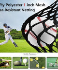 Backyard Baseball Batting Cage 30x13x9 Ft with pitching hole featuring a 1 inch polyester net capturing a baseball in motion.